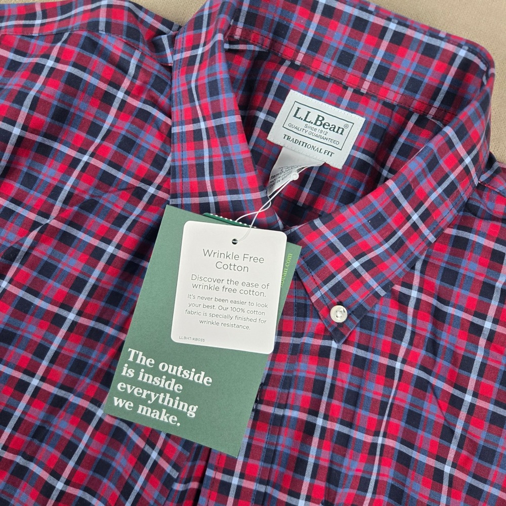 LL Bean Mens Wrinkle Free Cotton Plaid Shirt L Deep Red 288292 Traditional Fit